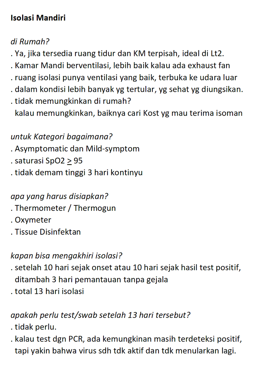 mharisman's tweet photo. Simple guidance untuk 
. Isolasi Mandiri
. Therapy selama Isolasi
. Test Antigen dan PCR
. Kurva waktu test

Bagi yg positif asymptomatic atau gejala ringan, hindari ke RS saat ini. 
Tidak perlu panik, 99% akan sembuh.
Beri kesempatan 1% yg butuh perawatan. https://t.co/4sVZWCzTve