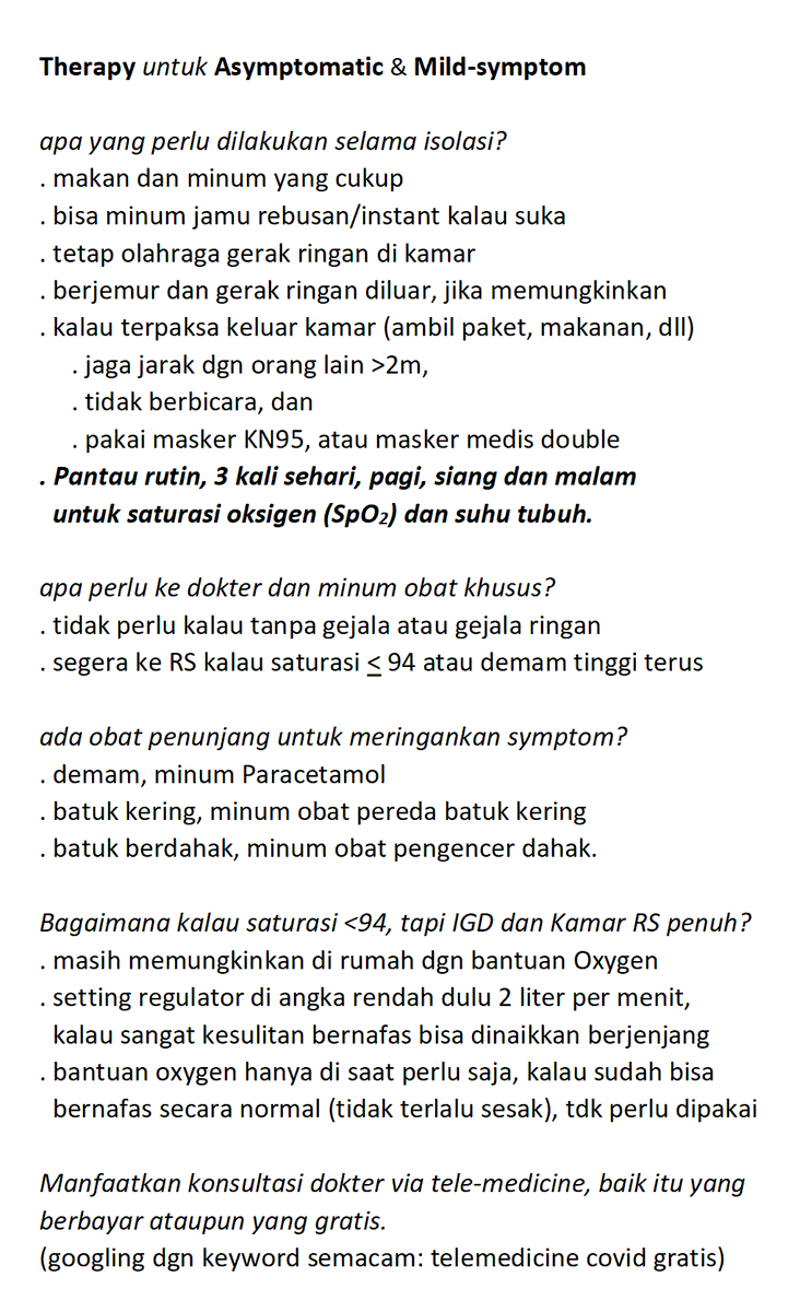 mharisman's tweet photo. Simple guidance untuk 
. Isolasi Mandiri
. Therapy selama Isolasi
. Test Antigen dan PCR
. Kurva waktu test

Bagi yg positif asymptomatic atau gejala ringan, hindari ke RS saat ini. 
Tidak perlu panik, 99% akan sembuh.
Beri kesempatan 1% yg butuh perawatan. https://t.co/4sVZWCzTve