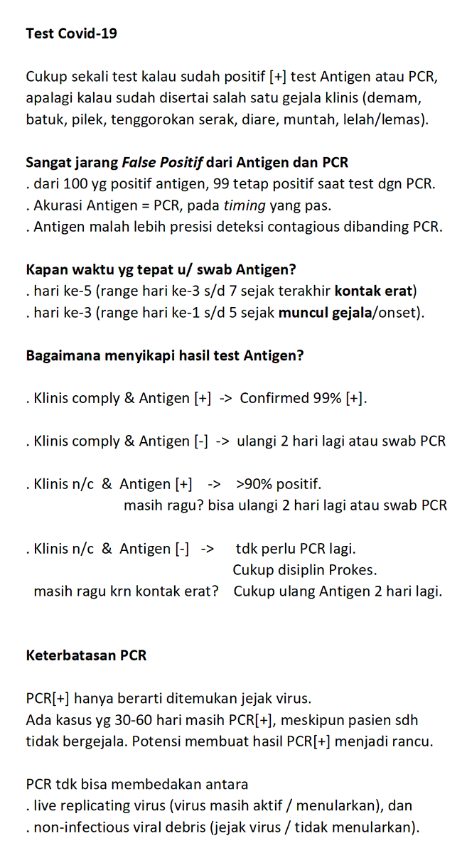 mharisman's tweet photo. Simple guidance untuk 
. Isolasi Mandiri
. Therapy selama Isolasi
. Test Antigen dan PCR
. Kurva waktu test

Bagi yg positif asymptomatic atau gejala ringan, hindari ke RS saat ini. 
Tidak perlu panik, 99% akan sembuh.
Beri kesempatan 1% yg butuh perawatan. https://t.co/4sVZWCzTve