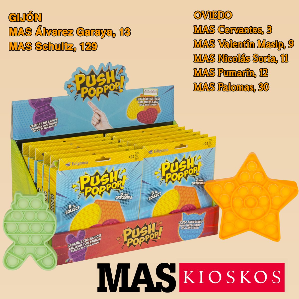 PUSH POP POP! es un juguete sensorial para reducir el estrés y controlar la ansiedad en niños y adultos. Fabricado con materiales de primera calidad.#KioskosMAS
#bubble #burbujas #periódicos #regalos #regaliz #chuches #chicles #chocolate #galletas #snaks #kiosco #libros #dulces