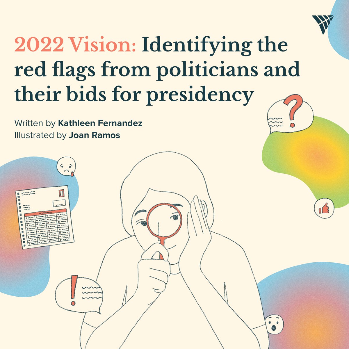 DevSocAteneo's tweet photo. 2022 Vision: Identifying the red flags from politicians and their bids for presidency
by Kathleen Fernandez
-
We invite you to allow the political voices of our writers to move you as we reimagine new worlds.

#DSKursoNewsletter
#DutyDissentDevelopment

Poster by Joan Ramos https://t.co/CXthyPZzhM