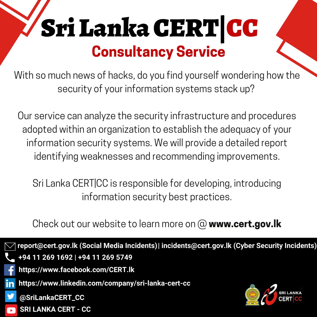 SriLankaCERT_CC's tweet photo. #SriLankaCERT #Consultancy https://t.co/3ujBp6uysp