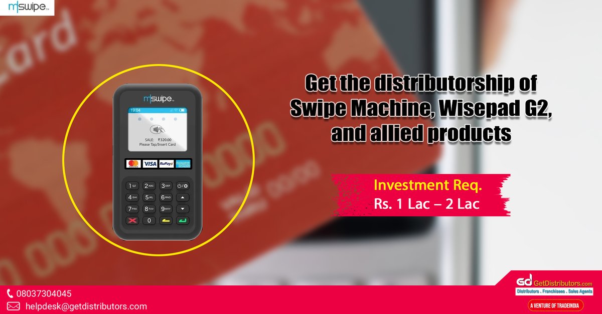 getdistributors's tweet image. Get the #distributorship of Card Swipe Machine, Wisepad G2, and allied products. To grab this #BusinessOpportunity, share your contact details.

#swipemachine #cardswipemachine