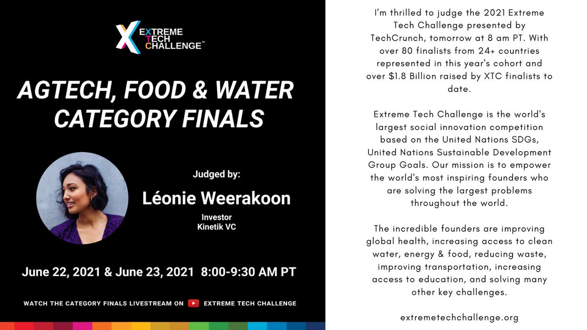 I'm thrilled to judge the 2021 <a href="/ExTechChallenge/">ExtremeTechChallenge</a> presented by <a href="/TechCrunch/">TechCrunch</a> , tomorrow at 8 am PT. XTC Challenge is the world's largest social innovation competition based on the <a href="/UN/">United Nations</a>  <a href="/UN_SDG/">UN Sustainable Development Group 🇺🇳</a> . With over 80 finalists from 24+ countries represented and $1.8+ B raised.