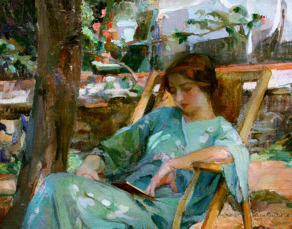 Goedemorgen! Dinsdag!
Fijne (lees) dag! 😊📖🫖

#goedemorgen #lekkerlezen #books #zomer 

Claire Bertrand  'Lezende vrouw in strandstoel in de tuin'.