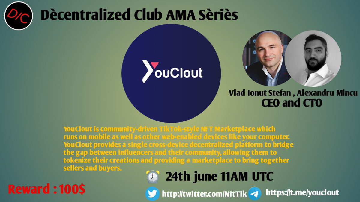 dens_club's tweet photo. DC will host AMA with Youclout on June 24(2021) at 11AM UTC| 1PM CET| 4.30PM IST

10 questions = from Website (3)Twitter(3) &amp; Telegram(4) will share $100 USDT

1⃣Like,Retweet
2⃣tag 2 friends
3⃣Post Question

🚨 Website questions posting link : https://t.co/uOaUdLMuOn https://t.co/AmV3ZDHi8K