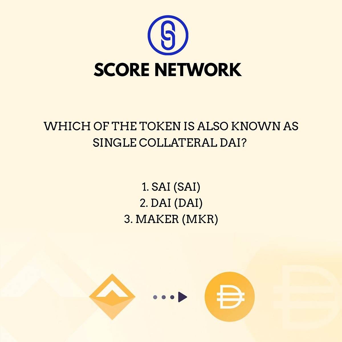 scorenetwork_io's tweet photo. Hello, Crypto community let's participate in this quiz !!
Which of the token is also known as Single Collateral Dai?
#cryptoknowledge #cryptoquiz #quiz #SAI #DAI #MAKER #checkyourknowledge #cryptoupdates #cryptoworld #financialrisk #financialinstitutions #scorenetwork https://t.co/NE8O9Gv52m