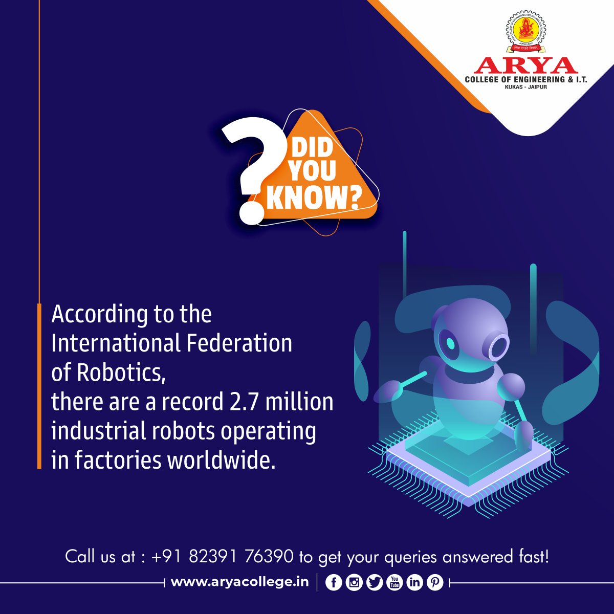 aryacolleges's tweet image. As we walk the path of the #Robotics Revolution we will look back at this decade as the one where robotics really took off, and laid the foundations for our future world. Check put the pace at which the adaptation is growing.

#robotfacts #robot #techfacts #didyouknow #technology