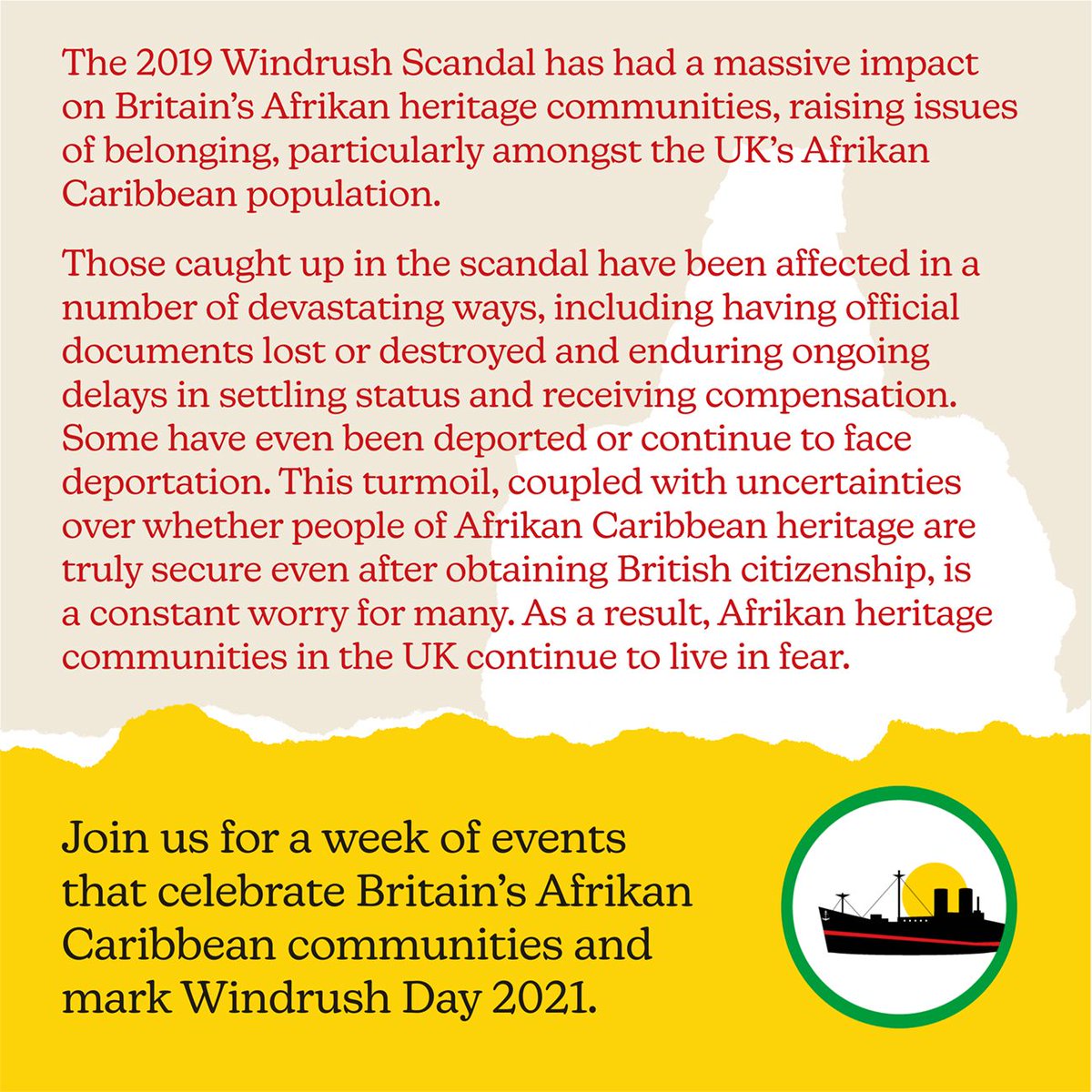 It's #WindrushDay, marking 73 years since the Empire Windrush docked in the UK. It's a day for us to celebrate the contributions of the Windrush generation & their descendants, and recognise the hardships they've faced. Windrush Memorial lecture at 6:30pm: buff.ly/3gk3xrd