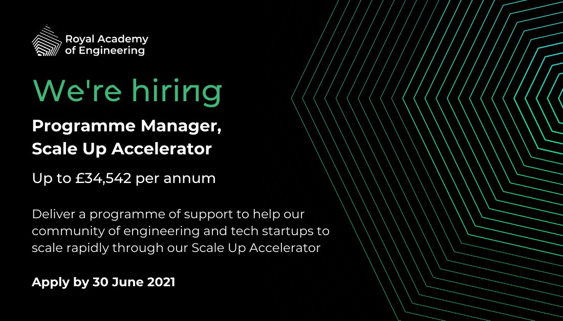 RAEngNews's tweet photo. Deadline extended - want to work in a fun, innovative, fast-paced team supporting some of the UK’s most exciting engineering scaleups? We're looking for a Programme Manager to help us develop and deliver our #ScaleUpAccelerator programme. To apply: https://t.co/tYvlKPJ573 https://t.co/ulOO1unmsl