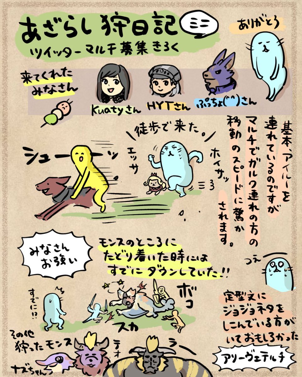 あざらし狩日記🍡
ツイッターでマルチ募集した際の日記です。また募集しますねー!
#モンハンライズ #MHRise 