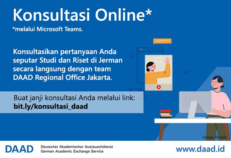 DAAD_Indonesia's tweet photo. #DAADIndonesia membuka #KonsultasiOnline melalui Microsoft Teams bagi teman-teman yang ingin bertanya seputar #StudidiJerman serta berbagai program DAAD.
Untuk membuat janji konsultasi dan informasi selengkapnya, silakan kunjungi: https://t.co/G0tvZPLKcJ. https://t.co/ukFk1jGfJn