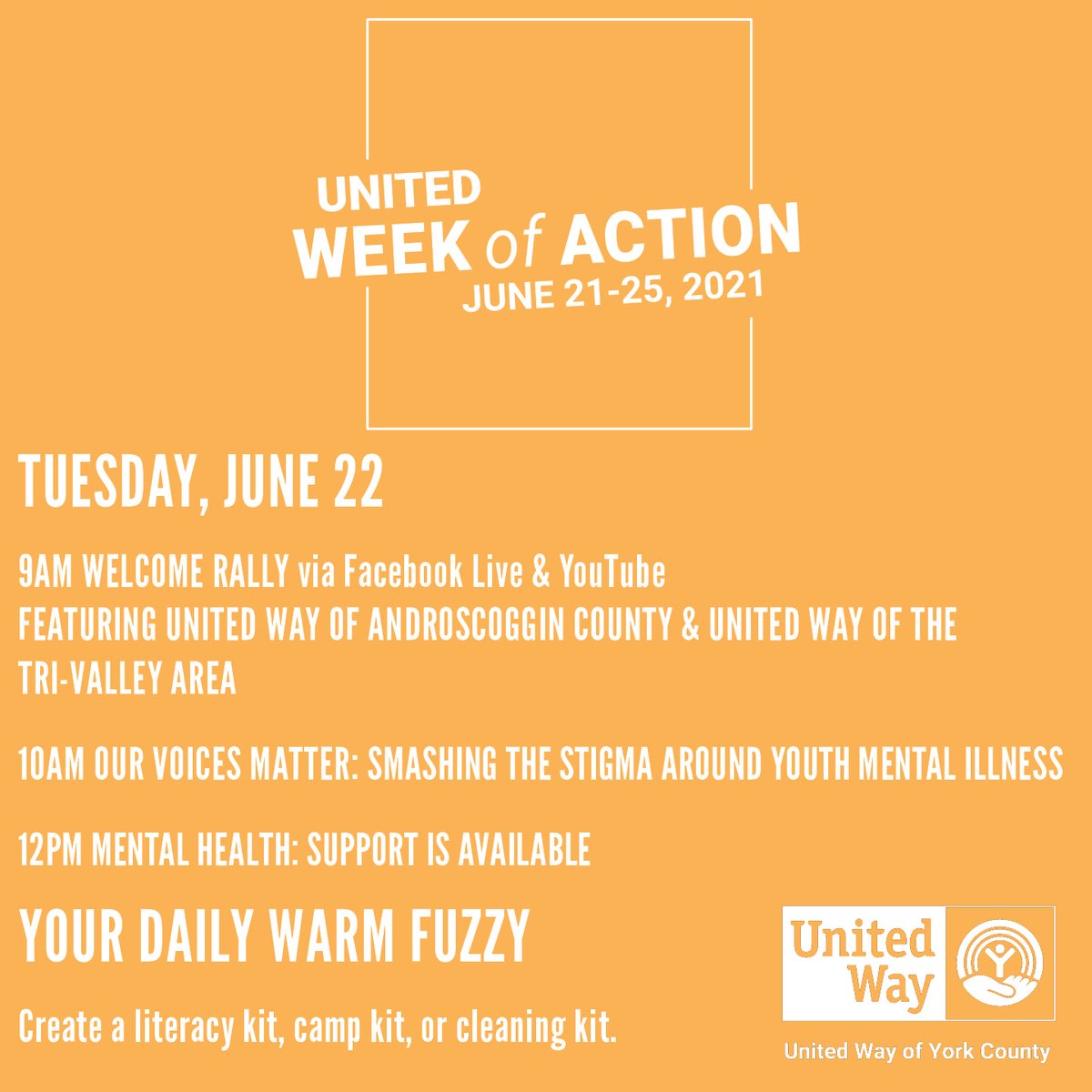 Join us today at 9 am (Facebook Live welcome rally), 10 am (Our Voices Matter), and 12 pm (Mental Health support) for Day 2 of #UnitedWeekofAction!

See all of the activities around the state at unitedwaysofmaine.org/week-of-action/.