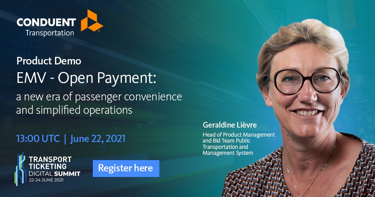 ConduentTranspo's tweet photo. Open payment fare collection is transforming and simplifying transit operations and bringing greater convenience to riders served. Join Geraldine in an hour, at the start of #TTDigitalSummit  #EMV
https://t.co/gafMgTUkN7 https://t.co/4fy0Jmu1rI