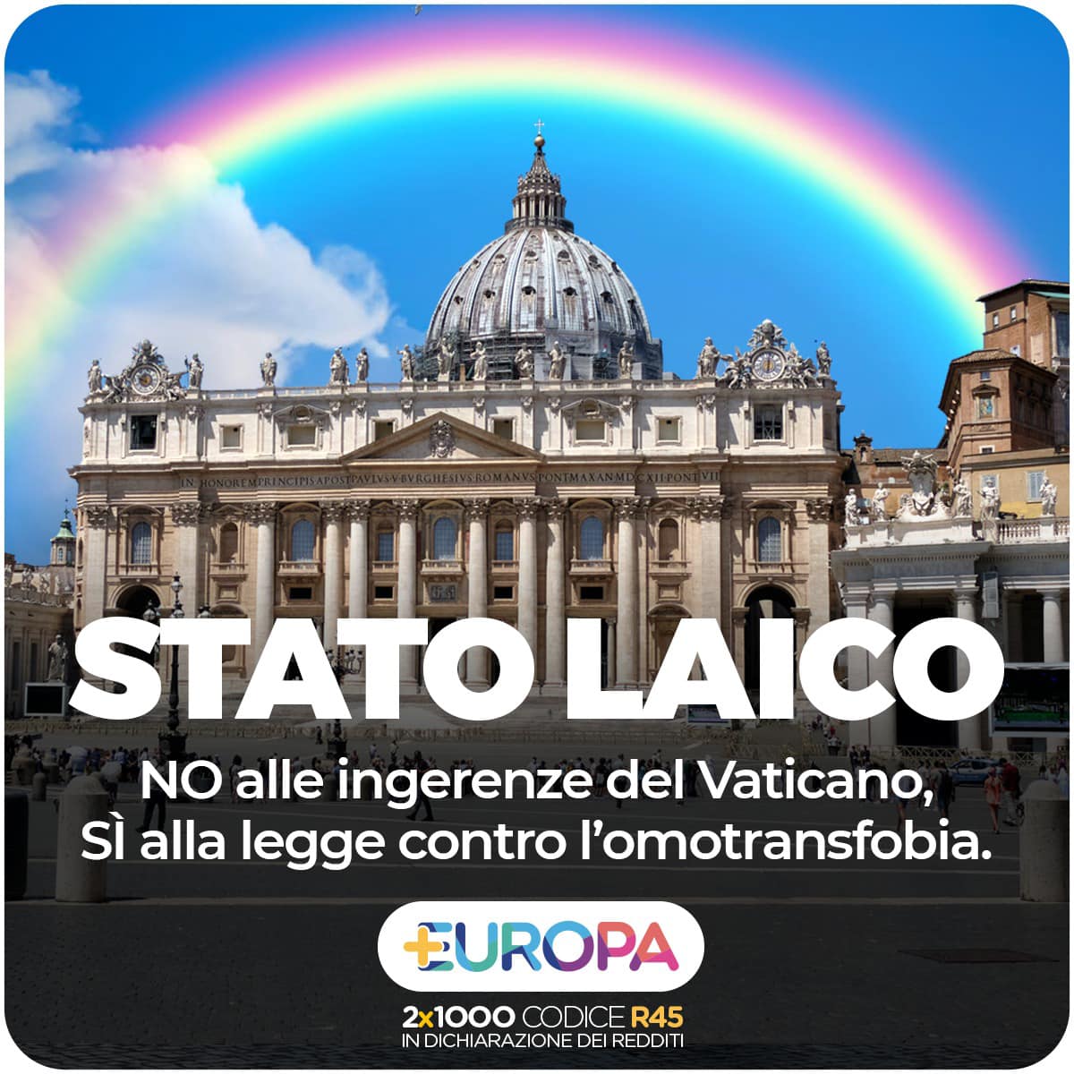 Piu_Europa's tweet photo. Se #Vaticano invoca il concordato per sabotare l’iter #ddlzan, allora il problema diventa il Concordato, sempre più antistorico. E se le grandi religioni considerano l’omosessualità un peccato da condannare, lo Stato laico a maggior ragione deve tutelare persone LGBT @yurigu https://t.co/hO7aLu69kV