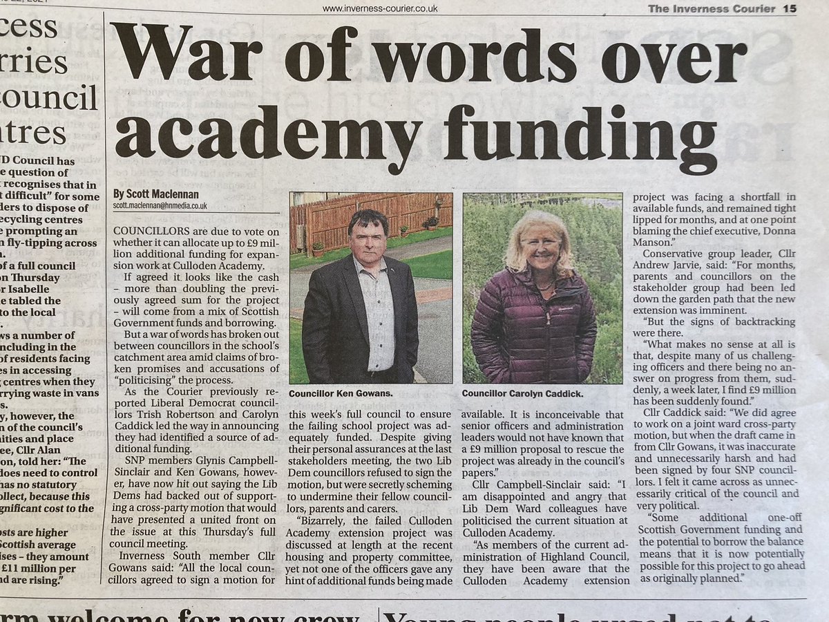 KenGowansSNP's tweet photo. Thanks to @InvCourier @sgmaclennan1 @ADixonHNM for setting the record straight amidst misplaced LibDem self-congratulations. Thanks to ward councillors Glynis Campbell-Sinclair @CllrJarvie @dmacphers1 for their team work &amp; parents &amp; pupils.  @CullodenAcad @Cullodenfriends https://t.co/V64eyHP99I