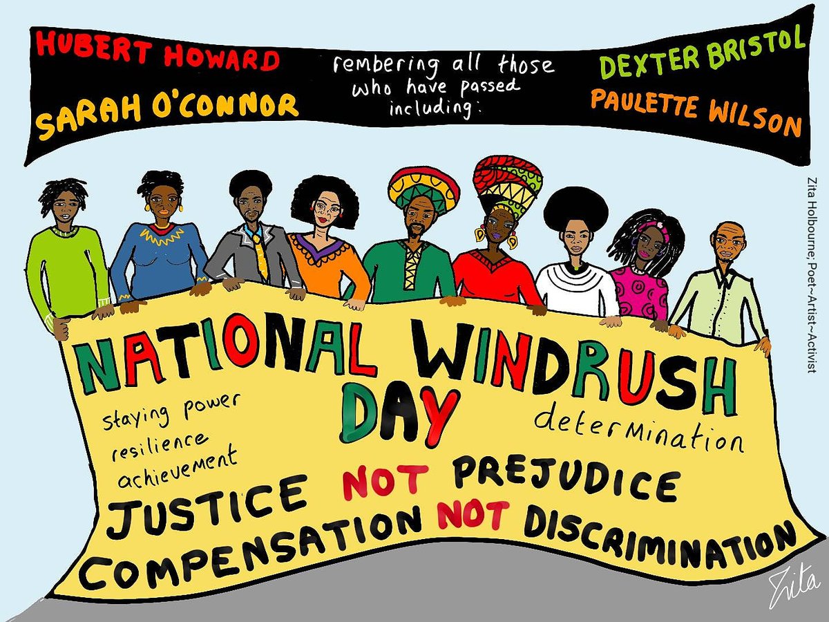 BARACUK's tweet photo. National Windrush Day greetings. Remembering those who have passed &amp; the injustice still faced by #windrushgeneration &amp; dependents. (Art by Zita Holbourne, chair of @BARACUK). https://t.co/wkpr7e2GWs