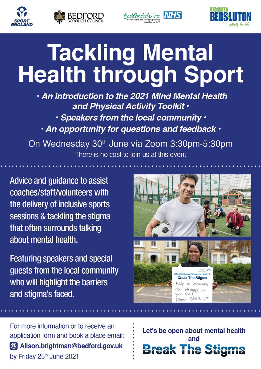 👨🏽‍🏫Tackling Mental Health through Sport &amp; Exercise Webinar
📅Wednesday 30th June.
⌚3.30 - 5.30 pm
For more information or to receive an application form email: Alison.brightman@bedford.gov.uk by Friday 25th June 2021
 #Mentalhealth #Training  <a href="/boroughsports/">BoroughCouncilSports</a>
