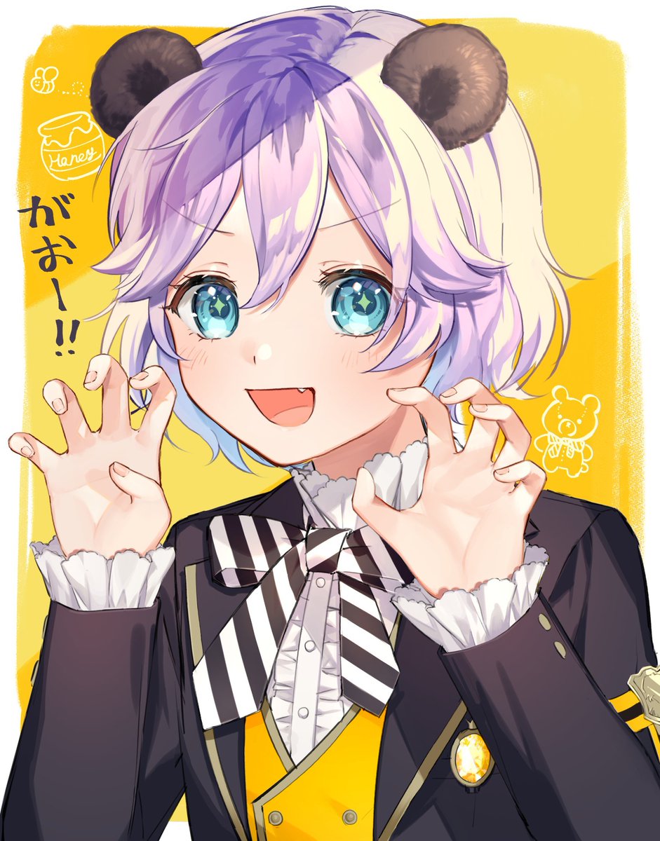 animal ears blue eyes claw pose solo fang purple hair smile  illustration images