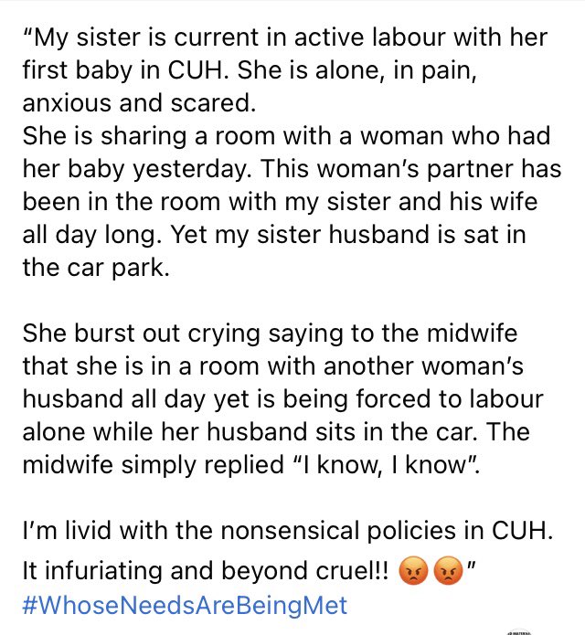 AIMSIreland's tweet photo. AIMSI just received this message. Whose Needs Are Being Met in this situation? If the issue of restrictions is truly based on safety, ie. pregnant people’s risk factors with Covid, why are labouring women in postnatal wards?  #WhoseNeedsAreBeingMet https://t.co/gVRJuX6mzP