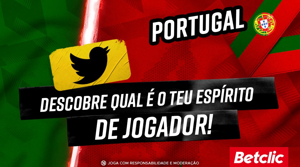🇵🇹 Estás com uma vontade enorme de saltar para o onze de Portugal? Descobre o teu "Espírito de Jogador" e se ele marcar ficas habilitado ao sorteio de 10€ em Bónus para 10 pessoas!

- Dá RT
- Comenta #JogadorBetclic + o teu Username 

Termina quarta-feira às 19:59h.
