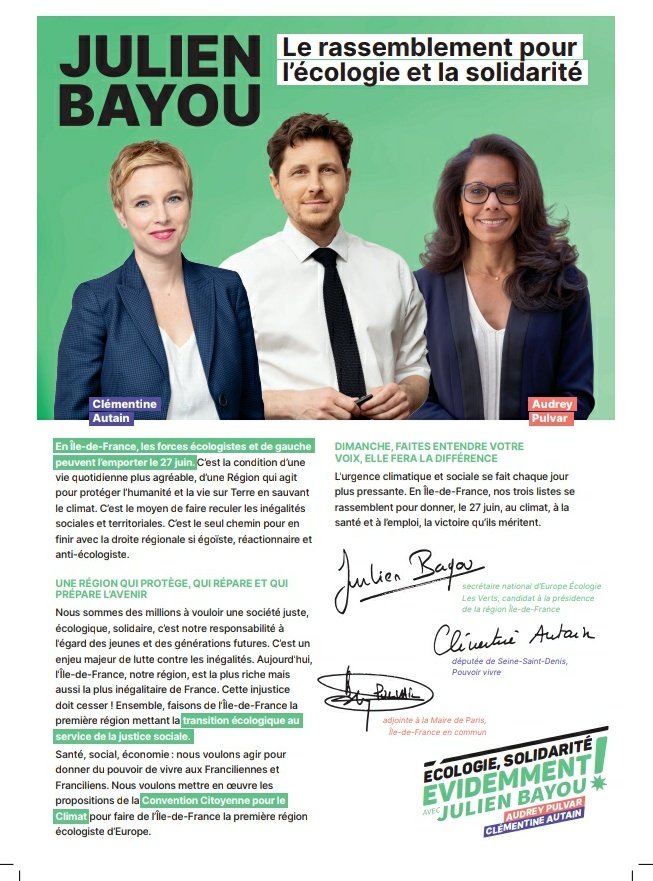 L'écologie rassemble la gauche autour d'un programme ambitieux et volontaire pour mettre l'Île de France à sa place d'exemplarité écologique dans le respect de tous les milieux sociaux.
<a href="/julienbayou/">Julien Bayou</a> <a href="/Clem_Autain/">Clémentine Autain</a> <a href="/AudreyPulvar/">Audrey PULVAR</a> #IledeFrance #regionales2021