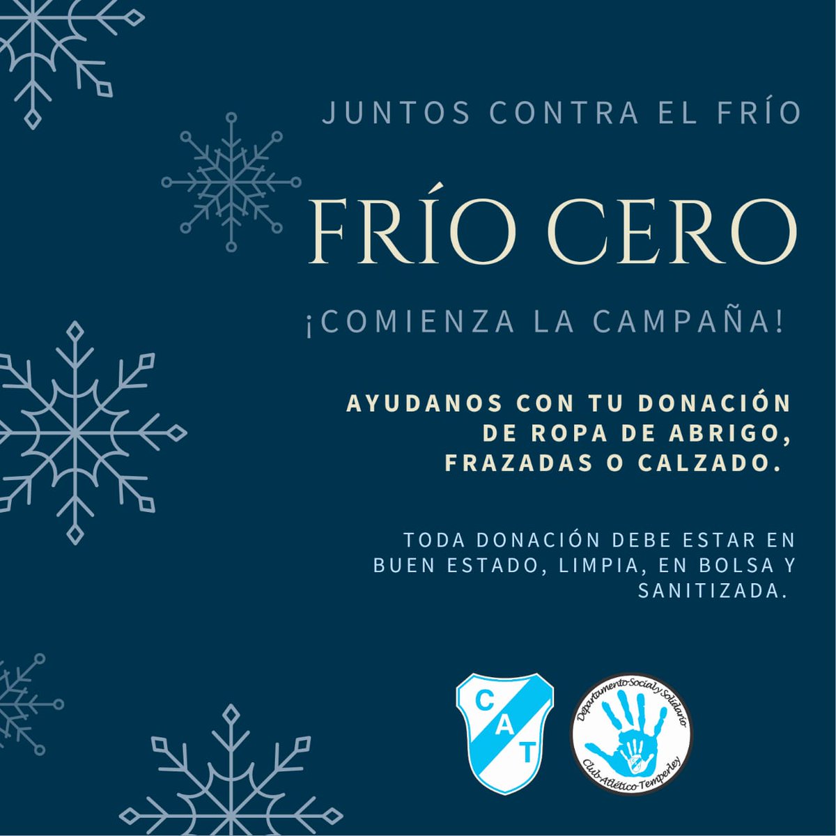 dpto_socialCAT's tweet photo. ¡COMIENZA LA CAMPAÑA "FRÍO CERO" !
Ayudamos con tu donación de ropa y calzado de abrigo, frazadas, mantas o acolchados.  
Pronto comenzaremos a recibir tus donaciones en nuestro club. Las mismas tienen que estar en buen estado, limpias y en bolsa sanitizada.
SEGUINOS Y HACE UN RT https://t.co/eiPydIieJf