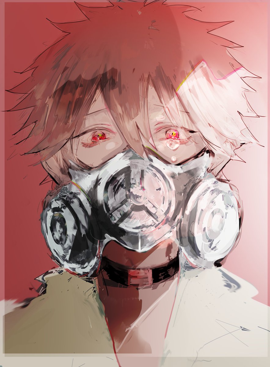 solo 1boy male focus red eyes mask hair between eyes gas mask  illustration images