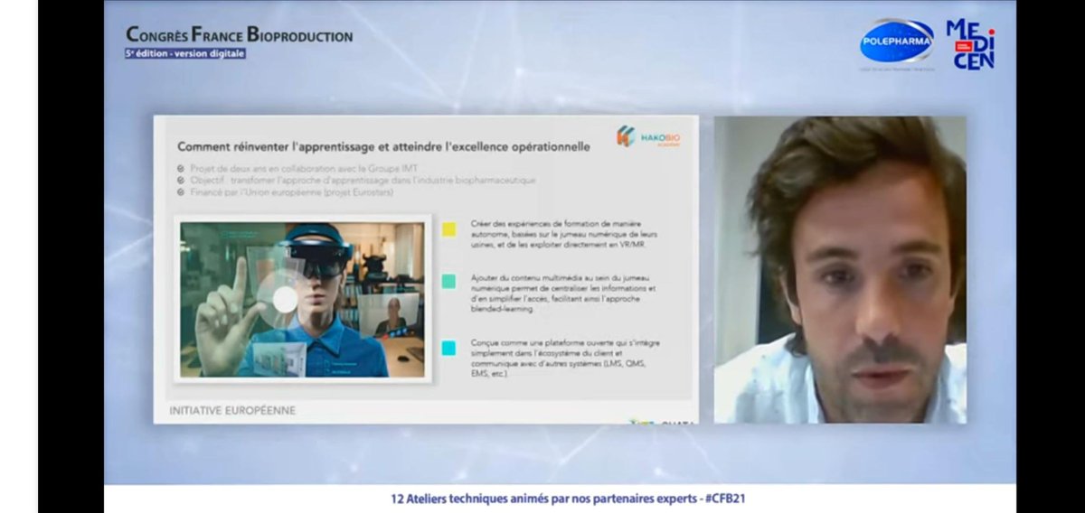 A snapshot from today, during the #CFB21 organized by <a href="/Polepharma/">Polepharma</a>, with <a href="/NVertommen/">Nicolas Vertommen</a> from OUAT! and Joan Leclerc from Groupe IMT. They discussed how #digitaltwin and #virtualreality offer immersive #training experiences that are helping operators master bioproduction skills.