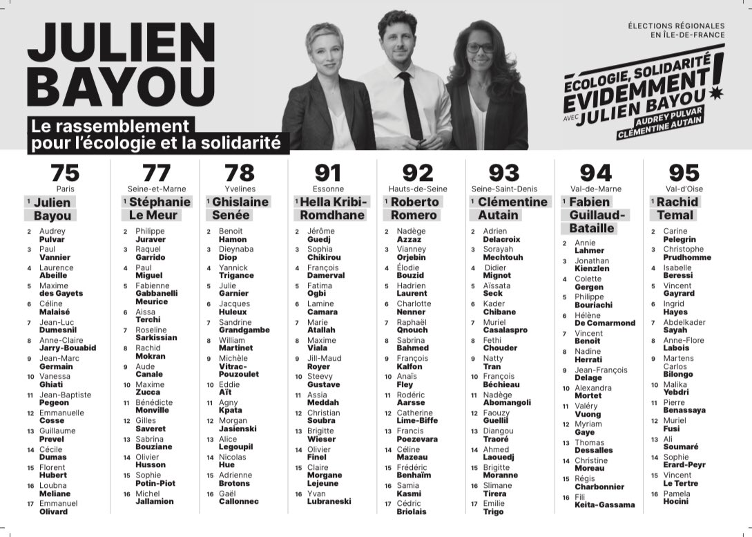 Dimanche faisons gagner la gauche et l’écologie!
👉 Aux régionales, nous devons nous mobiliser fortement derrière la liste menée par Julien Bayou qui, avec Clémentine Autain et Audrey Pulvar, représente toutes les forces de gauche pour battre Valérie Pécresse. On compte sur vous!