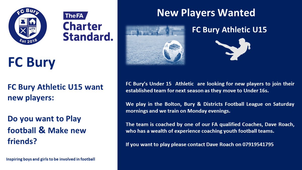 FC Bury (@fcburyofficial) on Twitter photo ⚽ Our Under 15's Athletic are in need of players for next season as they move to Under 16's. Get in touch if you're interested! See the flyer below for more information 👇
#grassrootsfootball <a href="/OfficialBBDFL/">Bolton, Bury & District Football League</a> <a href="/WazzaBarlow/">Warren Barlow QPM</a> <a href="/LancashireFA/">Lancashire FA</a> @FootballGrf ⚽ Our Under 15's Athletic are in need of players for next season as they move to Under 16's. Get in touch if you're interested! See the flyer below for more information 👇
#grassrootsfootball <a href="/OfficialBBDFL/">Bolton, Bury & District Football League</a> <a href="/WazzaBarlow/">Warren Barlow QPM</a> <a href="/LancashireFA/">Lancashire FA</a> @FootballGrf