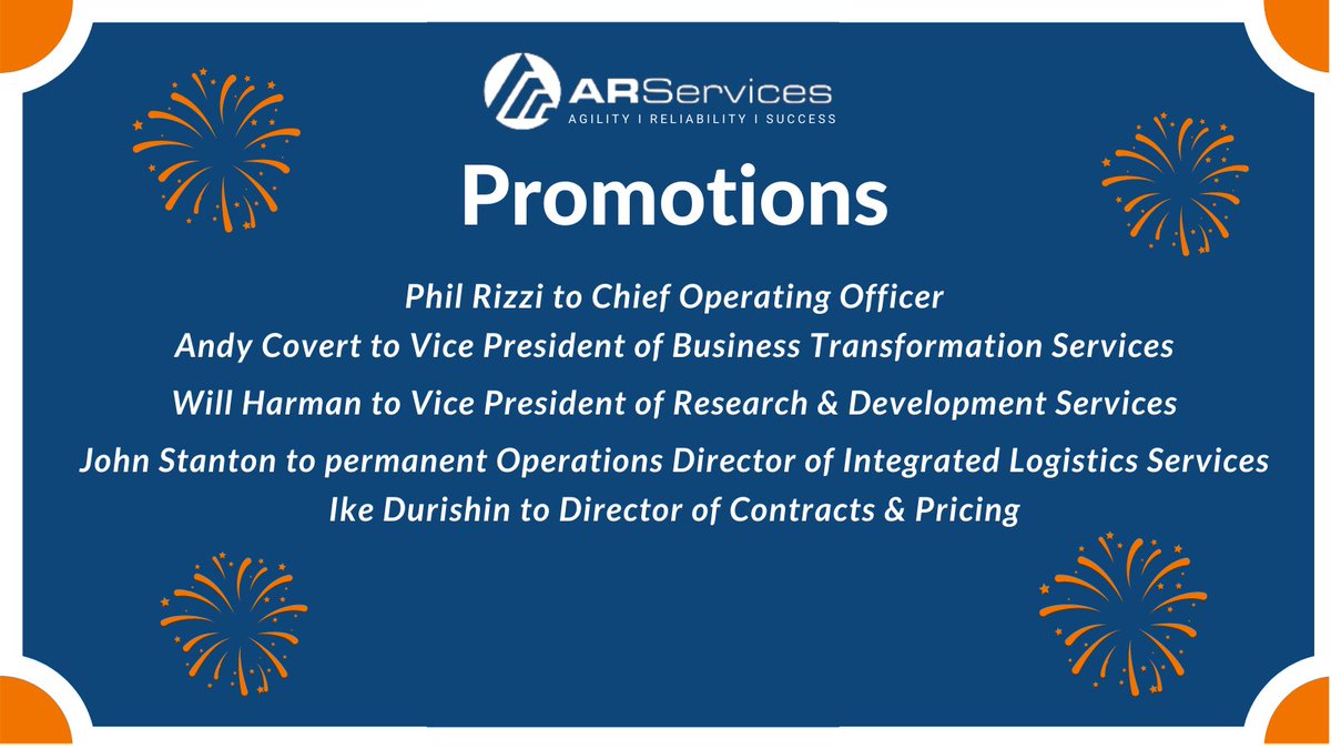 ARS_Limited's tweet photo. In recognition of our growth and maturation as a company, ARServices is pleased to announce the following promotions:

#growth #SmallBusiness #ARServices https://t.co/7OkyC59eeC