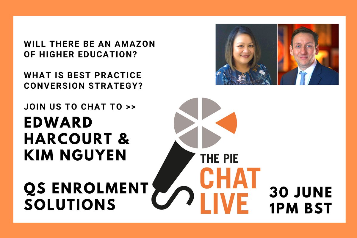 Our new iteration #PIEChatLive is highly enjoyable - 15 mins to ask whatever I like to some innovators in #intled then our audience gets to do the same. Next up is @EdwardHarcourt and colleague Kim Nguyen @qsenrolments Weds 30 June. Register here: crowdcast.io/e/the-pie-chat…