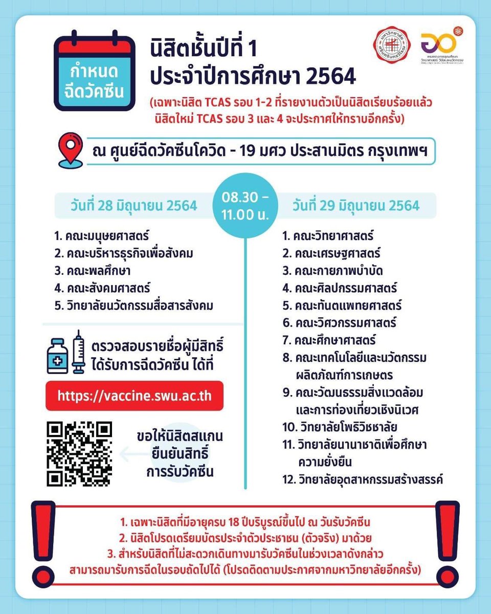 Inedswu17's tweet photo. [ศูนย์ฉีดวัคซีน Covid-19 มศว ประสานมิตร]
กำหนดฉีดวัคซีน สำหรับ นิสิตชั้นปีที่ 1 ประจำปีการศึกษา 2564 เฉพาะนิสิต TCAS รอบที่ 1-2 ที่รายงานตัวเรียบร้อยแล้ว 
ขอให้นิสิตยืนยันสิทธิ์การรับวัคซีนที่  https://t.co/ZDlQay18lf
#ทีมมศว #dek64 #tcas64 https://t.co/pioKqq9X9r
