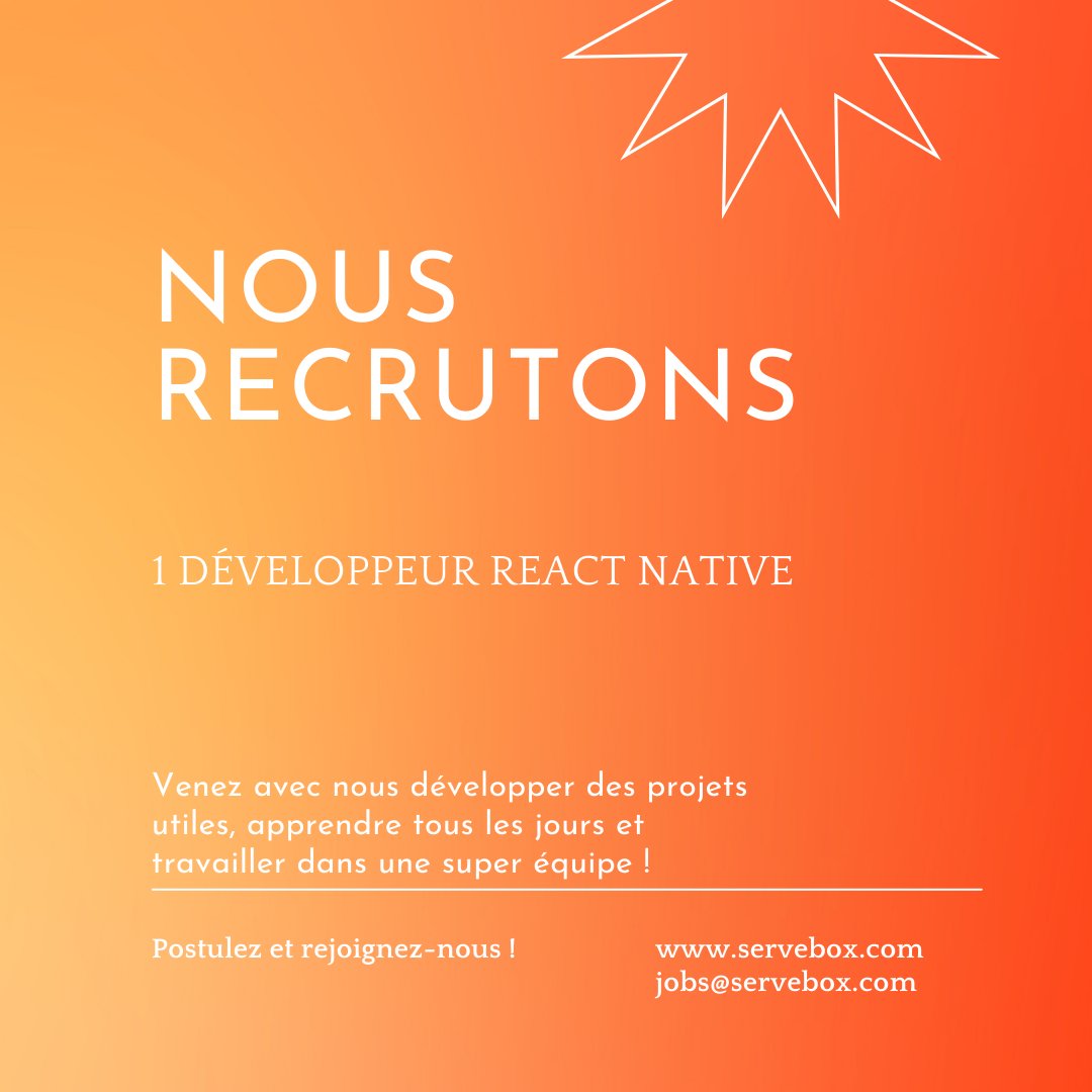 Nous recrutons un développeur #ReactNative ! Venez rejoindre une équipe sympa, dans un cadre ensoleillé. Télétravail partiel et nombreux avantages !

servebox.com/recrutement/