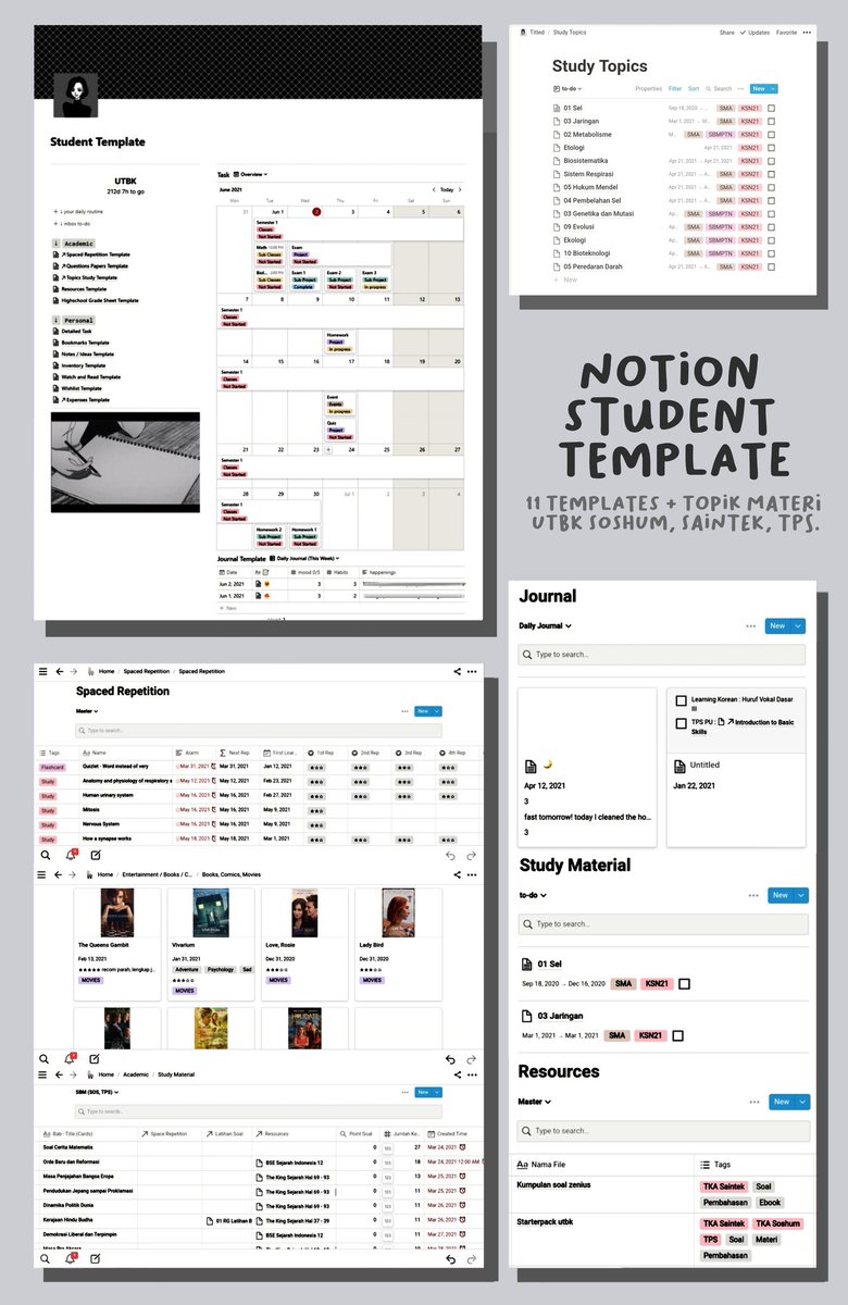 hilaamls's tweet photo. ❝ Notion template for student ❞

incl :
• bookshelf
• finance tracker
• spaced repetition scheduler
• study plan
• recources
• grade sheet
• task manager
• journal..

https://t.co/5kYE7ha2aY

t. #notiontwt #studytwt utbk soshum saintek tps #ambisverse #pakenotion https://t.co/m5ieF9mvGX