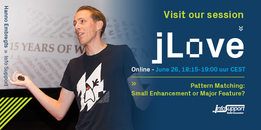 InfoSupportBV's tweet photo. On June 26, Hanno Embregts will talk about ' Pattern Matching: Small Enhancement or Major #Feature?'. Attend this session to get all caught up. https://t.co/l03uX0n5PW

@hannotify @jloveconf #coding #java #java14 https://t.co/57yetxDNto