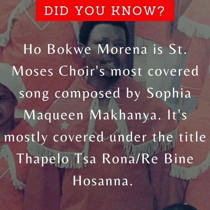 StMosesChoir's tweet photo. The unknown truth is that the famous song "Thapelo Tsa Lona di tla nyolohela hodimo ho Ntate" /"Re Bineng Hosana, hosana hodimo, hosana hodimo ho Ntate" is originally composed by this woman here Mrs Sophia Maqueen Makhanya. Originally by St. Moses Choir. #DidYouKnow #unknownfact https://t.co/l5xq22U8r5