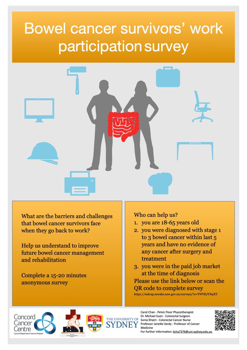 CarolPTDipelvic's tweet image. Part of cancer rehabilitation is to empower cancer survivors. Help us to understand how bowel cancer survivors adapt their work and life after treatment. 
@AntonEnus ambassador of @BowelCancerAust  

redcap.sswahs.nsw.gov.au/surveys/?s=YWY…