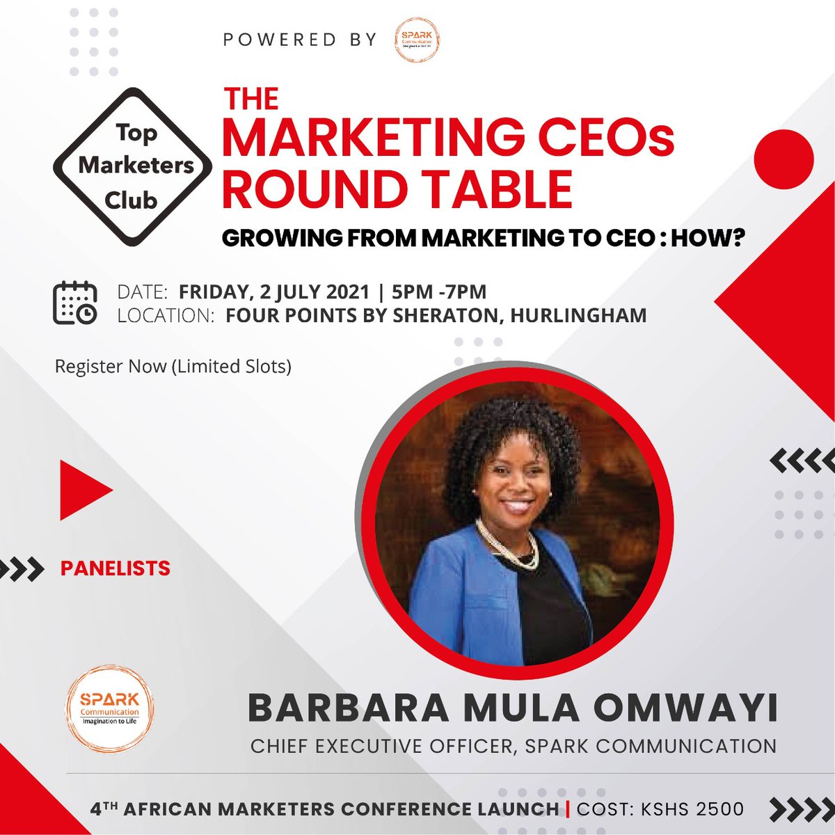 SparkKenya's tweet photo. Our CEO @BabaraMula is going to be among the panelists at the Marketing CEOs Round Table. Register to attend the event and hear her amazing insights on the field through the link below.

Registration Link; https://t.co/LcRd95mCCp 
#IgniteTheSpark
#SparkWorks
#SparkCares https://t.co/9haIGKlWou