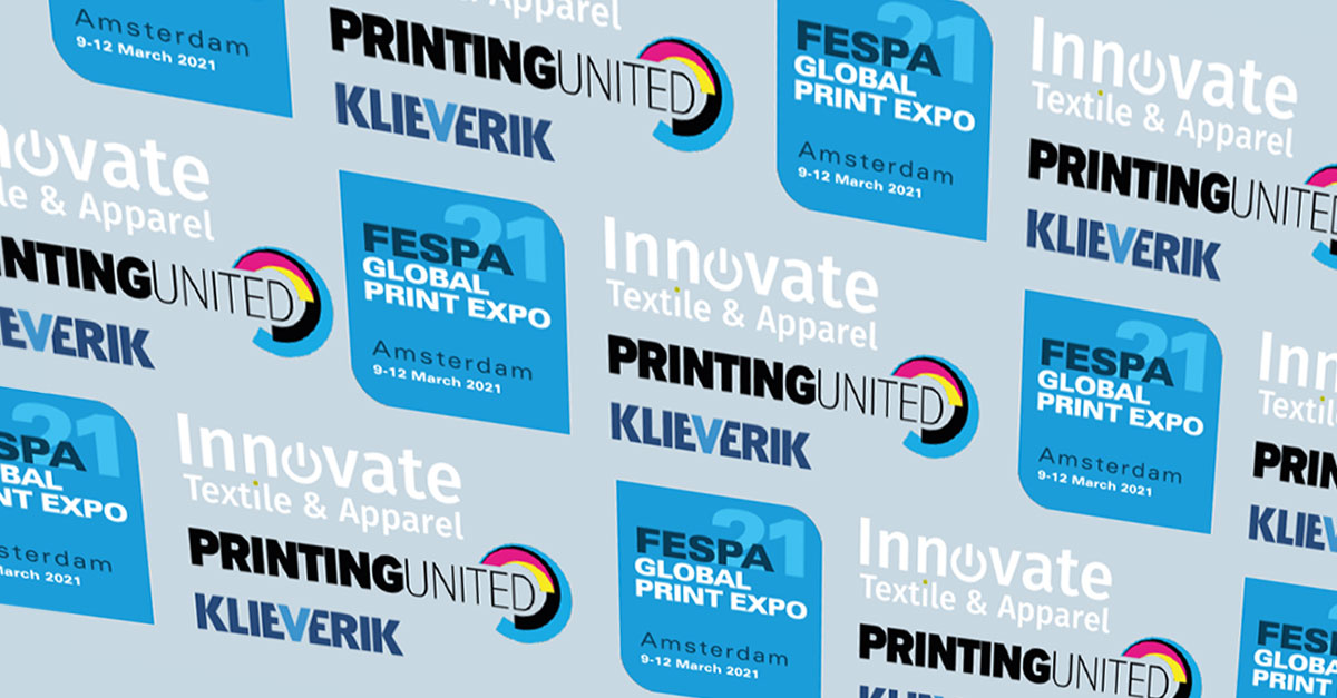 Tradeshow season is starting up. For Klieverik this means you could visit us at the follow in shows in October 21:

Printing UNITED, Orlando (FL)  USA | Oct  9-12, 2021
FESPA Amsterdam, Oct 12-15, 2021 
WTIN Innovate Textile &amp; Apparel | ONLINE | Oct 25-29, 2021