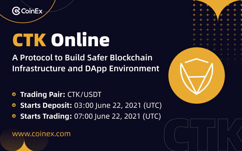 coinexcom's tweet photo. 🚀New Listing

CoinEx Listed $CTK at 03:00 June 22

 @certikorg CertiK Chain is a project aiming to provide on-chain security services to the smart contract. 

🔗 https://t.co/YnMkwOwVru

#CoinExListing  #CoinEx $USDT $BTC #CTK  #Certik 
#BTC https://t.co/4y5XY48XQl