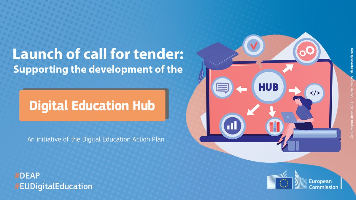 EUDigitalEdu's tweet photo. ✨ NEWSFLASH ✨

Today we’re launching a call for tender supporting the development of our new #DEAP ’s Digital Education Hub 🧑‍🤝‍🧑💻🏫

Want to know how it aims to help #EUDigitalEducation?

Check it out &amp; apply here! ⬇️
https://t.co/fDAT3JGWZX https://t.co/0aFQYWjuHY