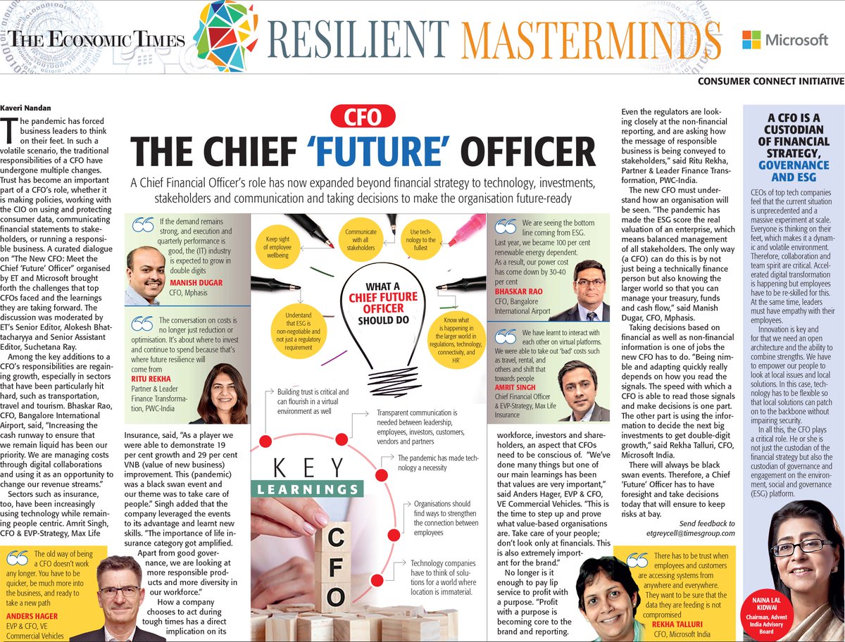 A Chief Financial Officer’s role has now expanded beyond financial strategy to technology, investments, stakeholders and communication and taking decisions to make the organisation future ready. <a href="/BLRAirport/">BLR Airport</a> @MaxLifeIns <a href="/ETBIndia/">Eicher Trucks&Buses</a> <a href="/Mphasis/">Mphasis</a> <a href="/PwC_IN/">PwC India</a> <a href="/MicrosoftIndia/">Microsoft India and South Asia</a>