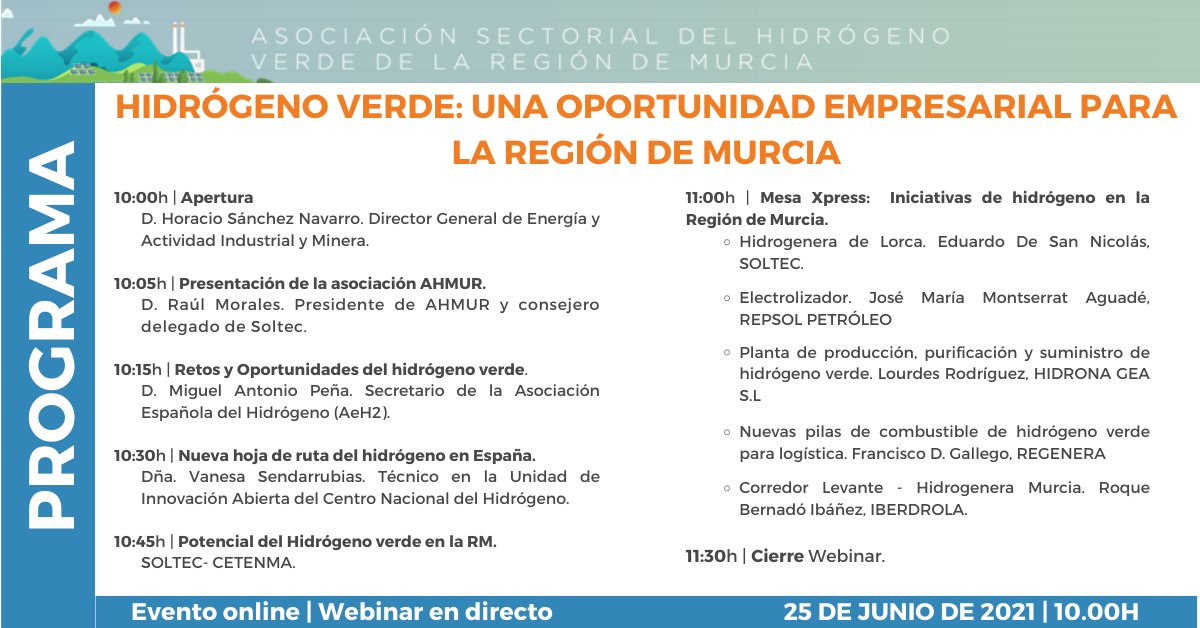 CETENMA's tweet photo. #Webinar | 𝗛𝗜𝗗𝗥𝗢́𝗚𝗘𝗡𝗢 𝗩𝗘𝗥𝗗𝗘: 𝘂𝗻𝗮 𝗼𝗽𝗼𝗿𝘁𝘂𝗻𝗶𝗱𝗮𝗱 𝗲𝗺𝗽𝗿𝗲𝘀𝗮𝗿𝗶𝗮𝗹 𝗽𝗮𝗿𝗮 𝗹𝗮 𝗥𝗲𝗴𝗶𝗼́𝗻 𝗱𝗲 𝗠𝘂𝗿𝗰𝗶𝗮 🔋
🗓️ 25/06 - 10:00h
🔹 Más info: https://t.co/62PQ2jolvd
🔸 Inscrip.: https://t.co/LCRYz1LTeV
#AHMUR
#HidrógenoVerde #H2 #H2verde https://t.co/0jFHTwzIwj