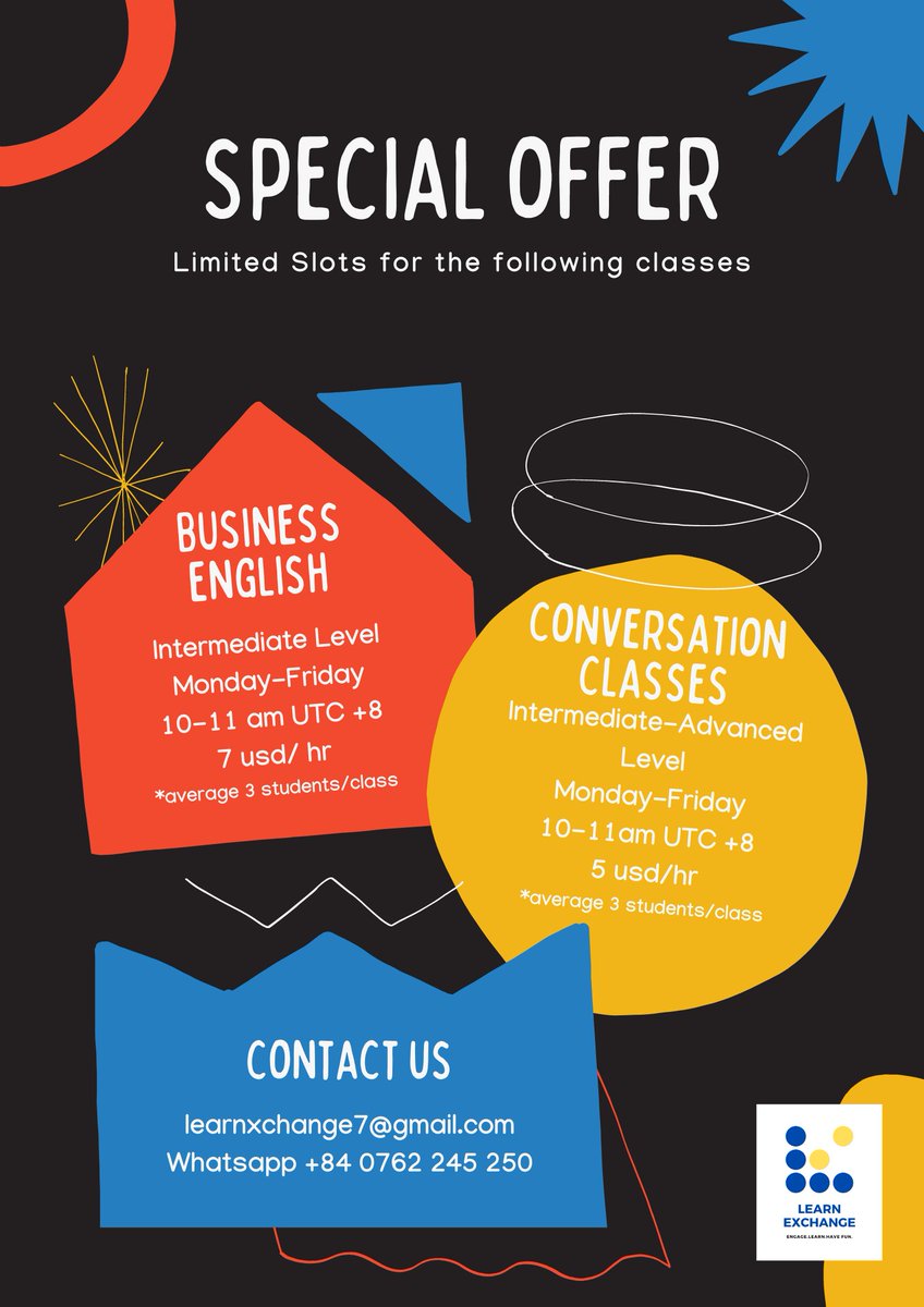 ExchangeLearn's tweet photo. A very limited offer to students who are interested in learning Business English and English Communication. You can choose classes from Monday to Friday 11am-12pm Japan Time. Reserve your slots now. Hurry!!!
#eikaiwa #eigo #businessenglish #ESL #IELTS https://t.co/ISGuSmeXCI