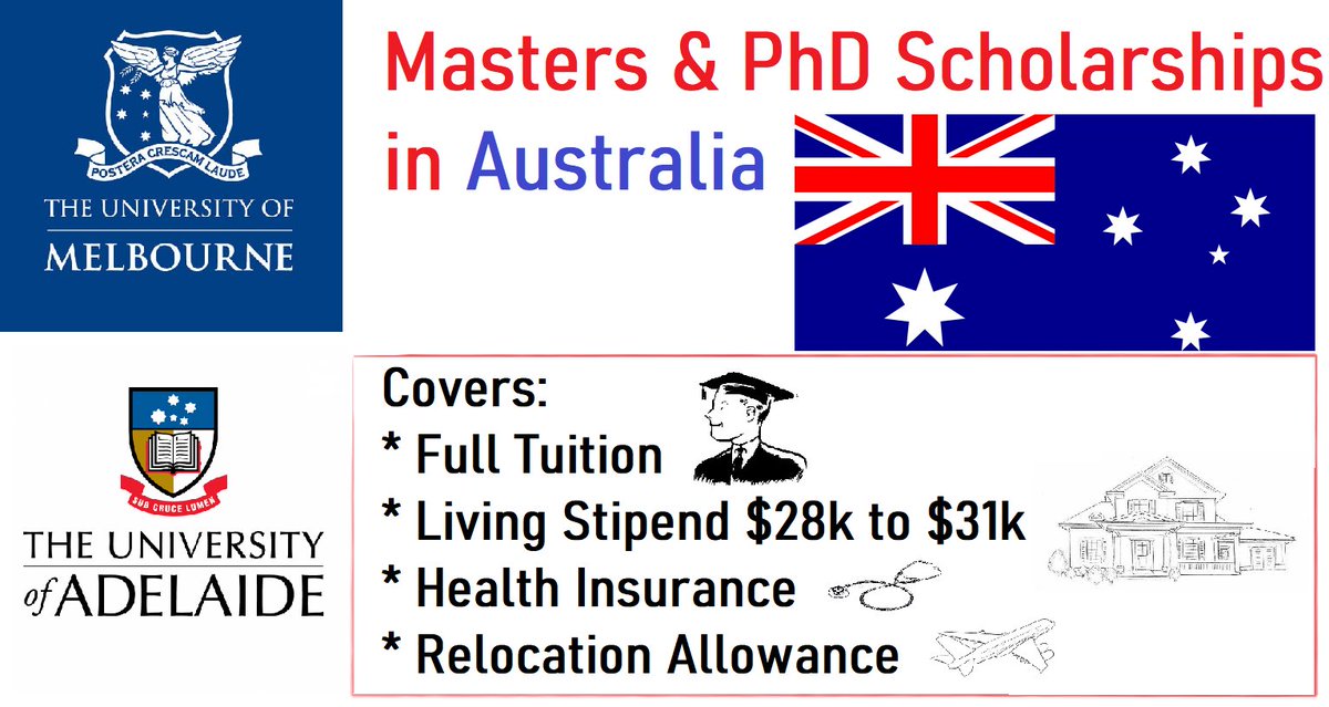 AgbogaVictor's tweet photo. 600+ fully funded scholarships in Australia at the University of Melbourne &amp; University of Adelaide

Benefits: Full tuition, stipend &amp; more

Watch how to apply: https://t.co/xSCQANreoO

Links to scholarships

Melbourne: https://t.co/4oicPxXxSO

Adelaide: https://t.co/KIlzbuF6wC https://t.co/Zr4IUvOlEo