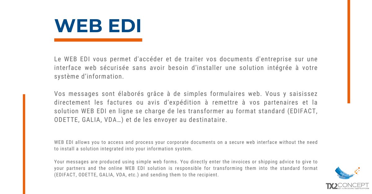 TX2CONCEPT's tweet image. #GLOSSARY 📖 - #WEBEDI is suitable for suppliers:
- whose volume of orders does not require an automatic integration or does not have #management #software
- already structured who wish to temporarily increase their #EDI capacities.
👉tx2.fr/en/our-solutio…