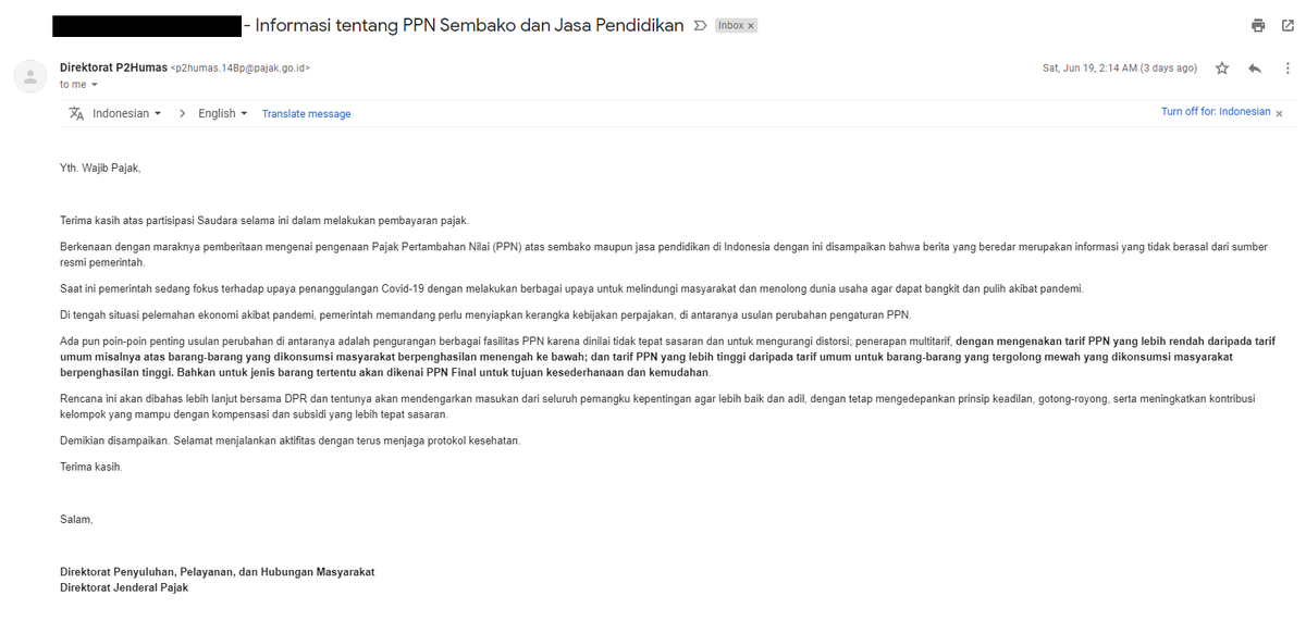 PajakMania's tweet photo. Sudah dapat email ini gaes?

Jujur ane ga khawatir sih karena kesebarnya RUU ini:
1. Ini baru RUU, masih harus lewat banyak proses dan langkah
2. Negara ga mungkin  gencet rakyatnya sendiri. Ini aja negara uda banyak bantu penanganan COVID gratis dan memperpanjang insentif pajak https://t.co/vTLLBVE1Jq