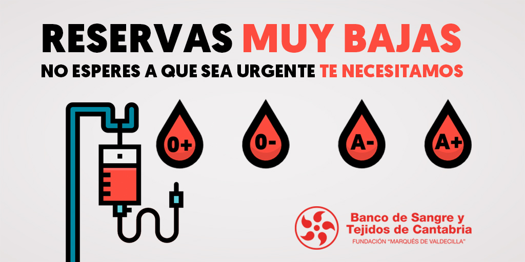 BSCANTABRIA's tweet photo. Las reservas de sangre 0-, 0+, A- y A+ estan muy bajas y es importante que seamos conscientes de la importancia de estabilizarlas. Hoy por ti mañana por mi. Ayúdanos echando el brazo, te estamos esperamos.
Pide CITA PREVIA:
Banco de Sangre: 942 202 689
Unidad móvil: 640 244 120 https://t.co/YXxDwZeW1i